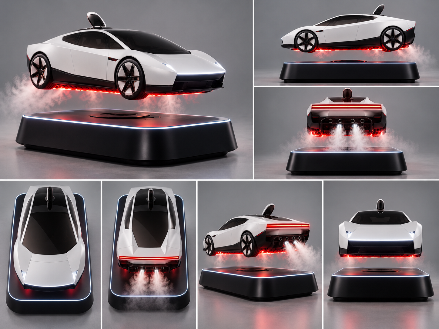 HoverMist Roadster showing its front, rear, side and top views with mist and illuminated base