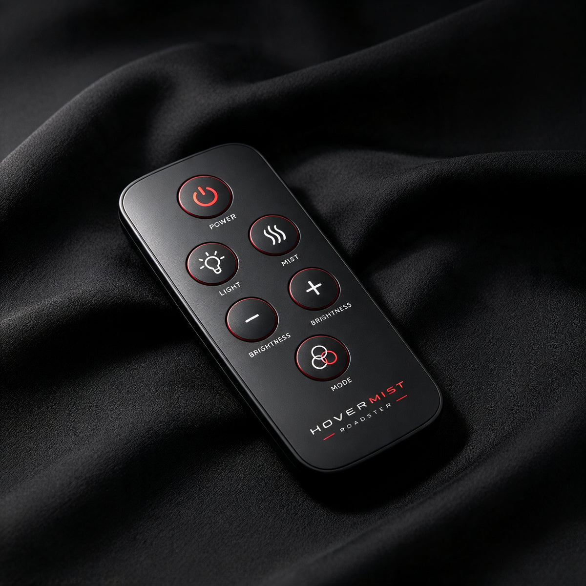 Black HoverMist Roadster remote control with red accents on black fabric