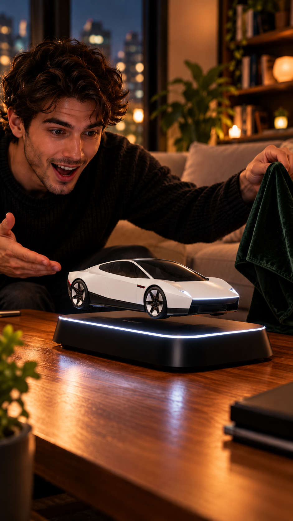 A white HoverMist Roadster floating above its base on a wooden table